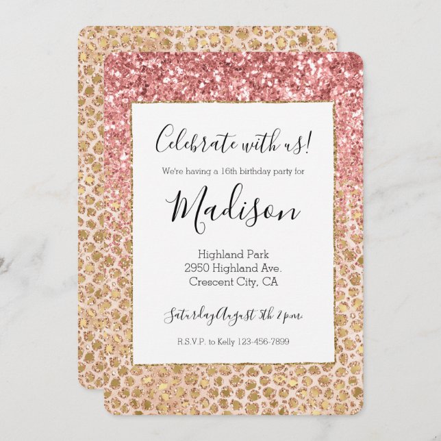 Girly Peach Gold Leopard Print Pink Glitter Glitzy Invitation (Front/Back)