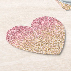 Girly Peach Gold Leopard Print Pink Glitter Glitzy Paper Coaster