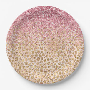 Girly Peach Gold Leopard Print Pink Glitter Glitzy Paper Plate