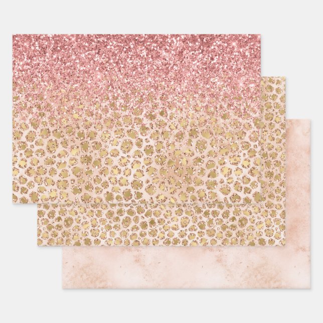 Girly Peach Gold Leopard Print Pink Glitter Glitzy Wrapping Paper Sheet (Set)