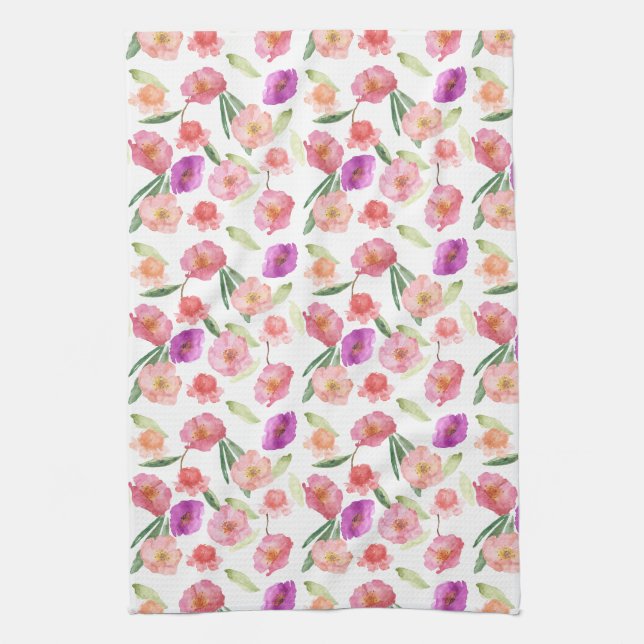 Girly Peach Pink Purple Floral Watercolor Kitchen Towel (Vertical)