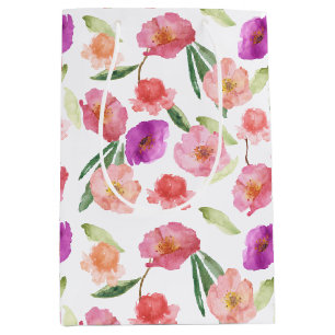 Girly Peach Pink Purple Floral Watercolor Medium Gift Bag