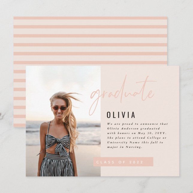 Girly peach pink script photo modern graduation invitation (Front/Back)