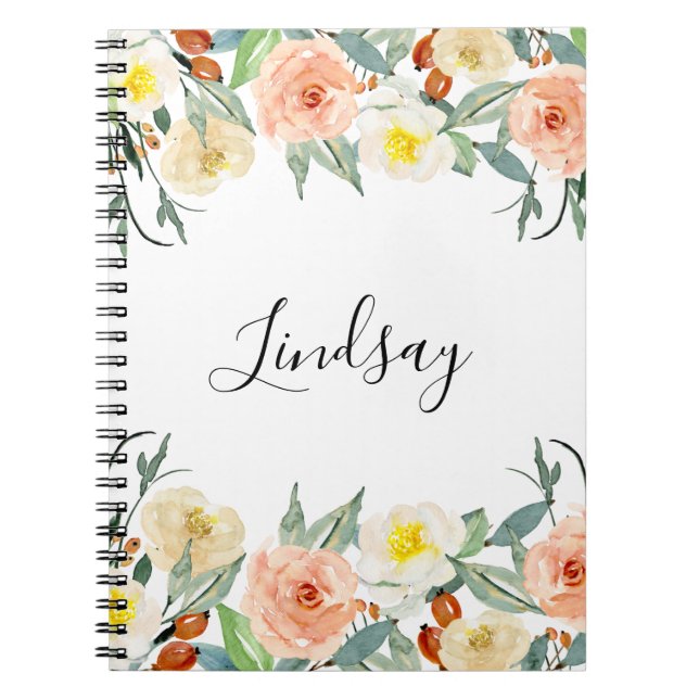 Girly Peach Watercolor Flowers Monogrammed Notebook (Front)