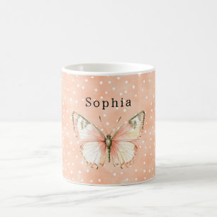 Girly Peach White Dots Butterfly   Coffee Mug