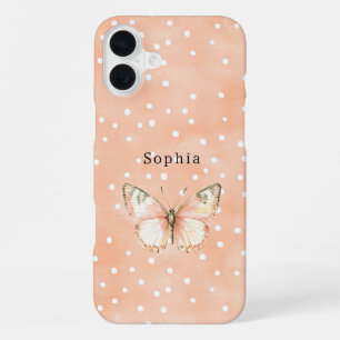 Girly Peach White Dots Butterfly iPhone 16 Plus Case