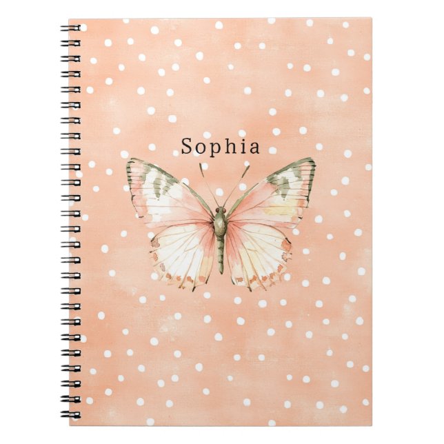 Girly Peach White Dots Butterfly   Notebook (Front)