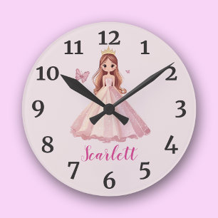 Girly Personalised Princess Pink Round Clock