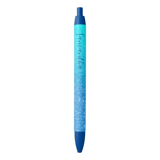 Girly Personalized Aqua Blue Ombre Glitter Black Ink Pen (Front Vertical)