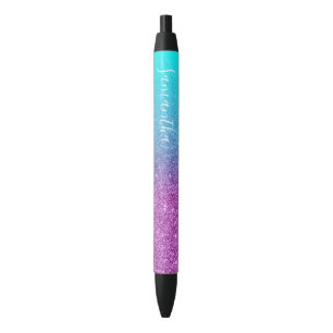 Girly Personalized Aqua Purple Ombre Glitter Black Ink Pen