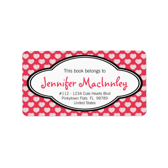 Girly Personalized Bookplate Hot Pink with Hearts Label (Front)