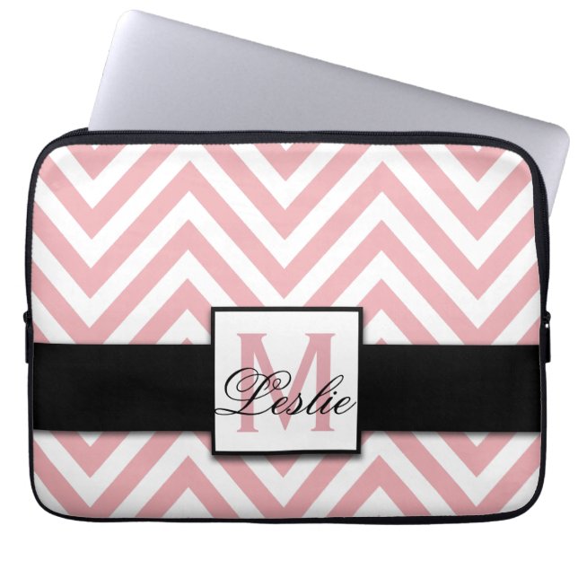 GIRLY, PERSONALIZED CORAL PINK CHEVRON PATTERN LAPTOP SLEEVE (Front)