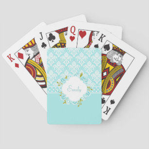 Girly Personalized Mint Damask, Dots and Flowers Playing Cards
