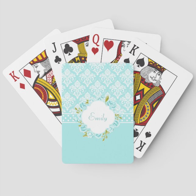 Girly Personalized Mint Damask, Dots and Flowers Playing Cards (Back)