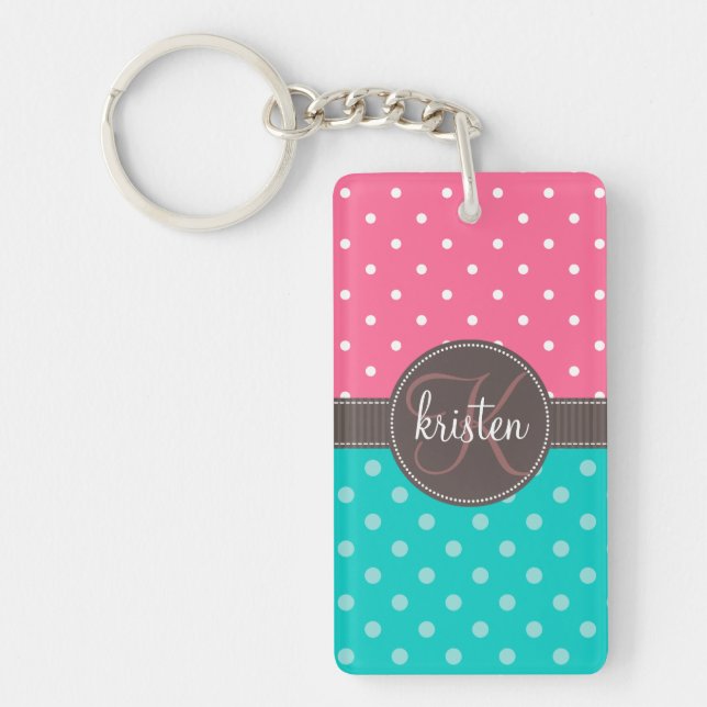 Girly Personalized Pink & Teal Dots Keychain (Front)