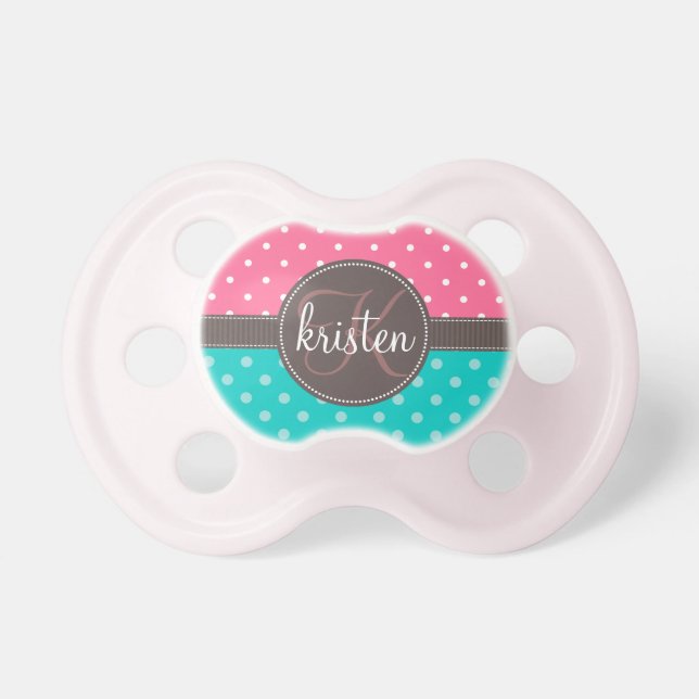 Girly Personalized Pink & Teal Dots Pacifier (Front)