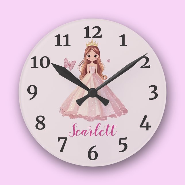 Girly Personalized Princess Pink  Round Clock (Creator Uploaded)