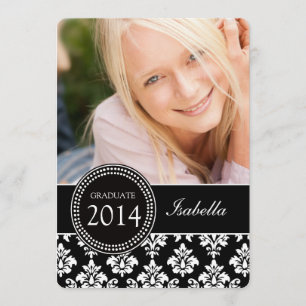 GIRLY PHOTO GRAD INVITE BLACK WHITE DAMASK