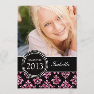 GIRLY PHOTO GRAD INVITE   PINK GLITTER DAMASK