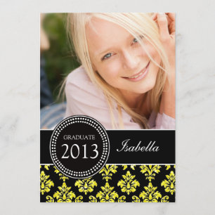 GIRLY PHOTO GRAD INVITE   YELLOW GLITTER DAMASK