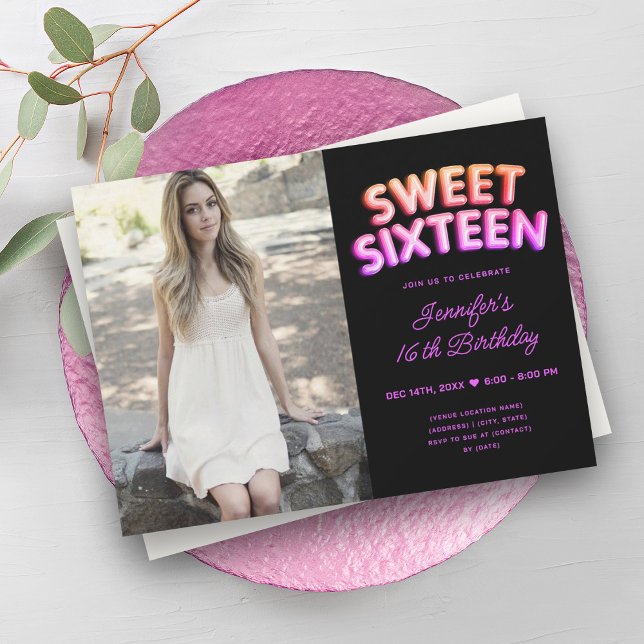 Girly Photo Neon Balloons Hot Pink Black Sweet 16  Invitation (Girly Photo Neon Balloons Hot Pink Black Sweet 16 Invitation)