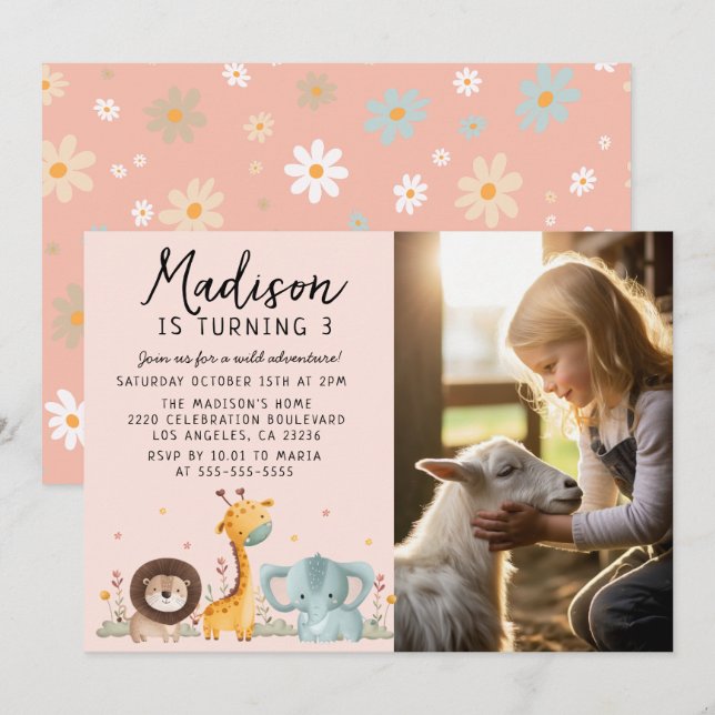 Girly Photo Party Wild Animals Birthday  Invitation (Front/Back)
