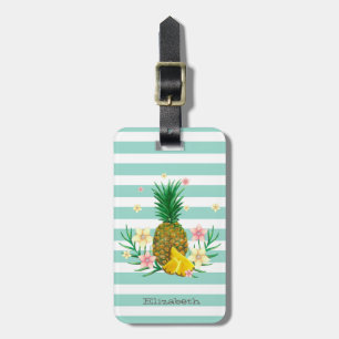 Girly Pineapple Flowers Mint  White Stripes  Luggage Tag