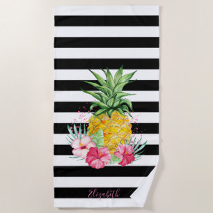 Girly Pineapple,Hibiscus Black White Stripes  Beach Towel