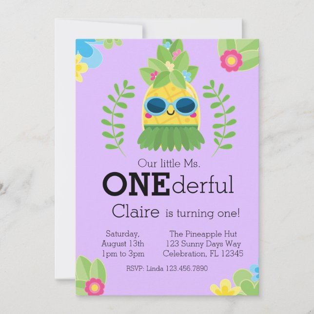 Girly Pineapple Ms. Onederful First  Invitation (Front)