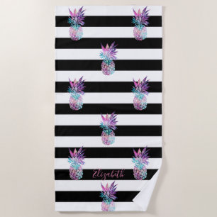 Girly Pineapples,Black White Stripes -Personalized Beach Towel