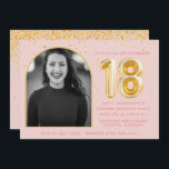 Girly Pink 18th Birthday Gold Balloon Confetti Invitation<br><div class="desc">Perfect for her 18th birthday celebration - this birthday party invitation features a pink and gold 18 balloon and confetti design with arch photo. Customize with your birthday party details. If you have trouble cropping photo to fit correctly,  contact me - I'd be happy to help.</div>