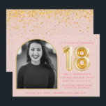Girly Pink 18th Birthday Gold Balloon Confetti Invitation<br><div class="desc">Perfect for her 18th birthday celebration - this birthday party invitation features a pink and gold 18 balloon and confetti design with arch photo. Customize with your birthday party details. If you have trouble cropping photo to fit correctly,  contact me - I'd be happy to help.</div>