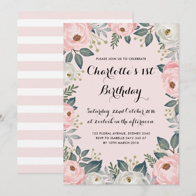 Girly Pink & Alabaster Floral Peony Birthday Party Invitation (Front/Back)