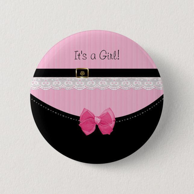 Girly Pink And Black Baby Shoes Birth Announcement 2 Inch Round Button (Front)