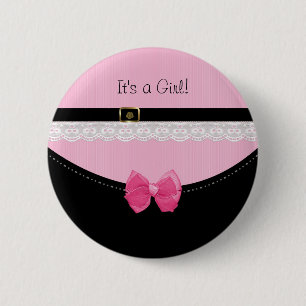 Girly Pink And Black Baby Shoes Birth Announcement 2 Inch Round Button