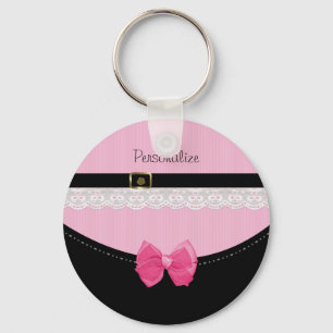 Girly Pink and Black Baby Shoes With Bow and Name Keychain