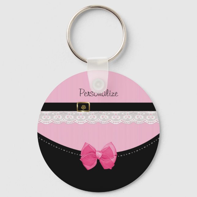 Girly Pink and Black Baby Shoes With Bow and Name Keychain (Front)