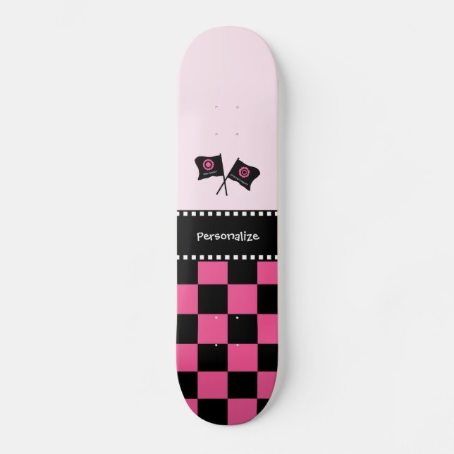 Girly Pink and Black Chequered Racing Flags and Na Skateboard (Front)