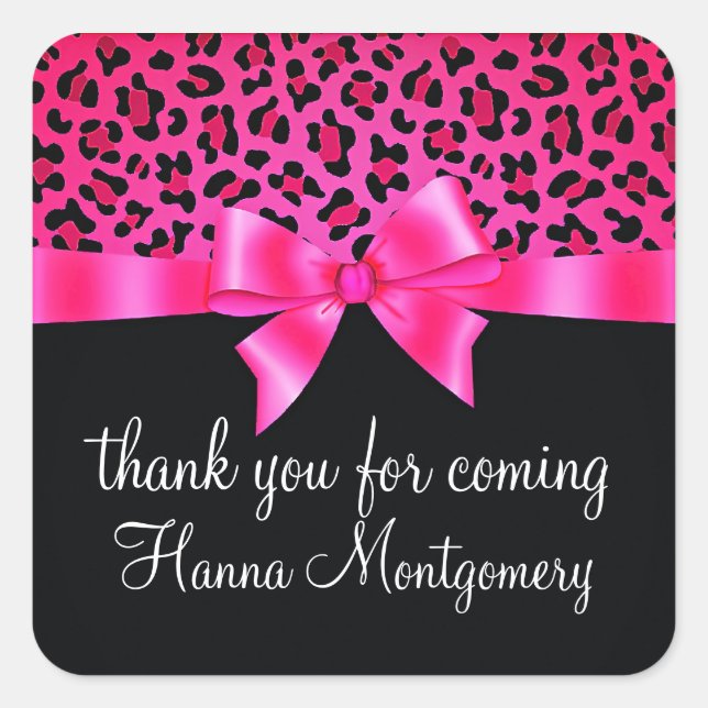 Girly Pink and Black Leopard Print Elegant Classy Square Sticker (Front)