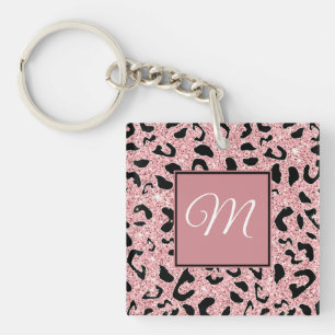 Girly Pink and Black Leopard White Script Initial Keychain
