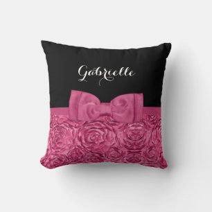 Girly Pink and Black Rose Floral Cute Bow Throw Pillow