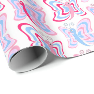 Girly Pink and Blue Butterfly Pattern Wrapping Paper