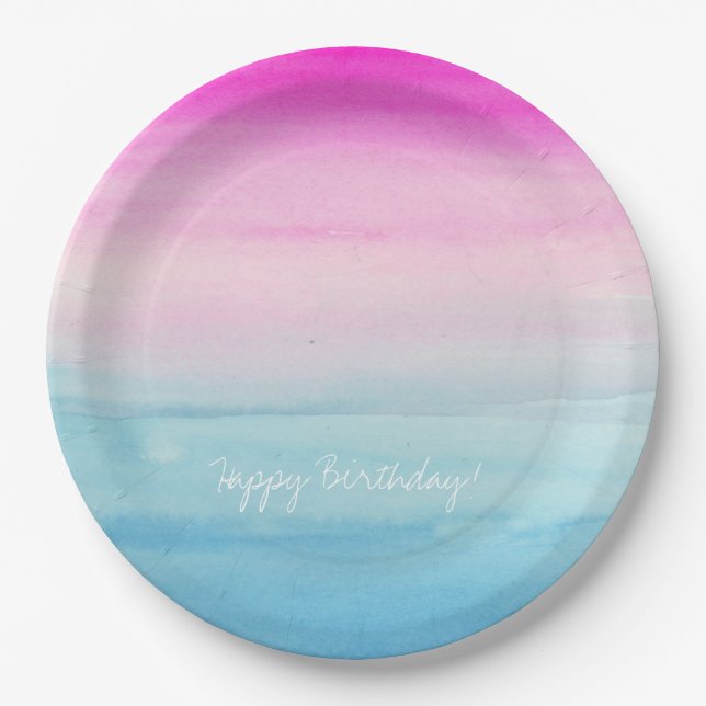 Girly Pink and Blue Watercolor Ombre | Birthday Paper Plate (Front)