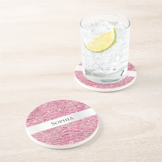 Girly Pink and Blush Glitter Zebra Name Coaster (Side)
