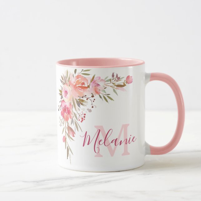 Girly Pink and Coral Roses Name Monogram Mug (Right)