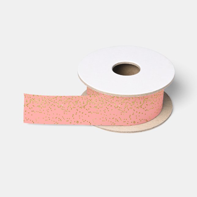 Girly Pink and Faux Gold Glitter Confetti Satin Ribbon (Spool)