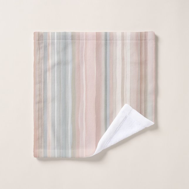 Girly Pink and Mint Modern Coastal Stripe Bath Towel Set (Wash Cloth)