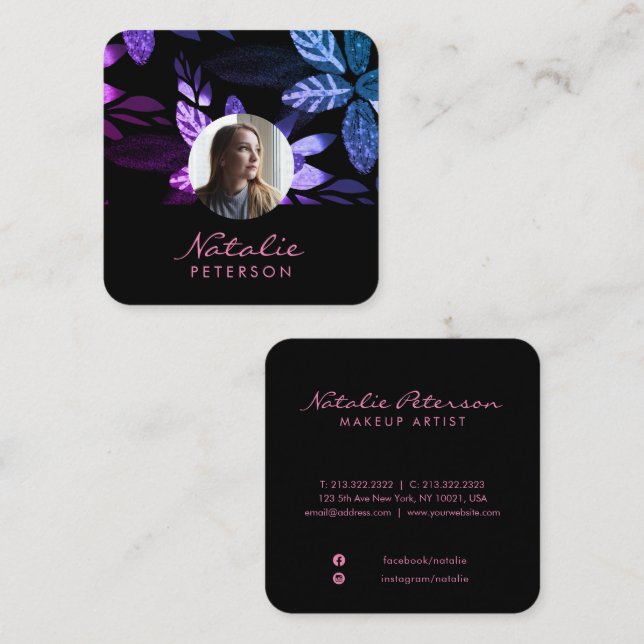 Girly Pink and Purple Botanical Script Photo Square Business Card (Front/Back)