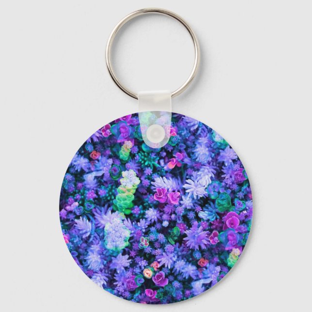 Girly Pink and Purple Floral Succulents Keychain (Front)