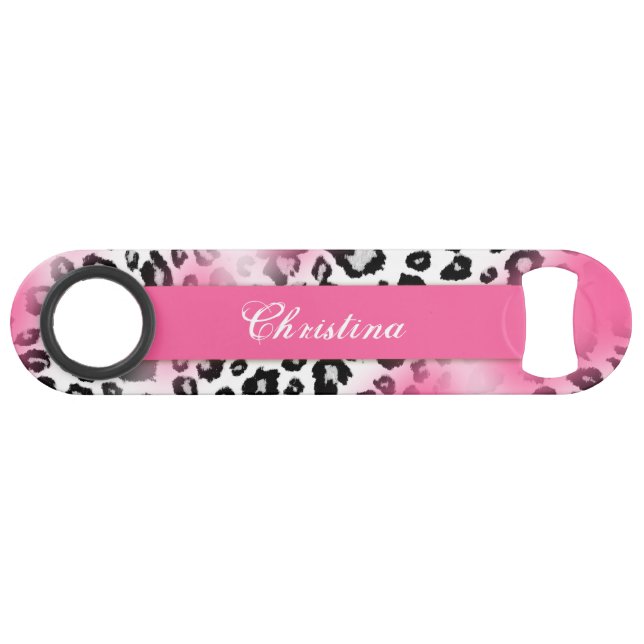 Girly Pink and Snow Leopard Mesh Monogram Bar Key (Front (Horizontal))